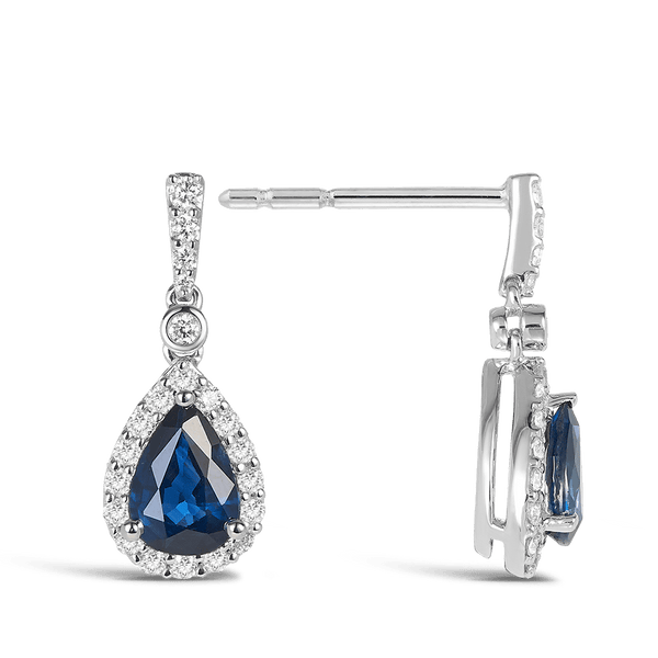 Pear Halo Sapphire and Diamond Earrings in 18ct White Gold Hardy Brothers 