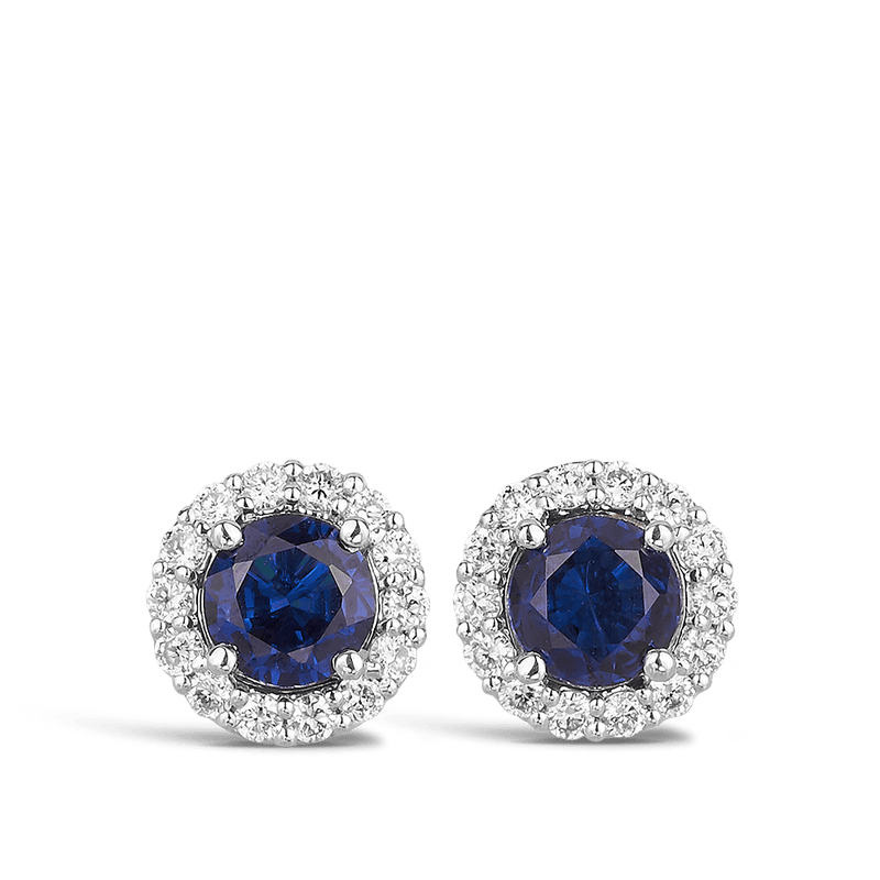 Halo Sapphire and Diamond Earrings in 18ct White Gold Hardy Brothers 