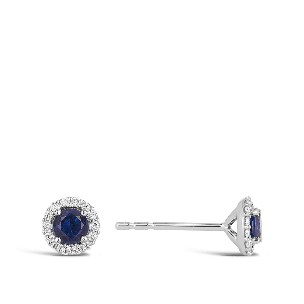 Halo Sapphire and Diamond Earrings in 18ct White Gold Hardy Brothers 