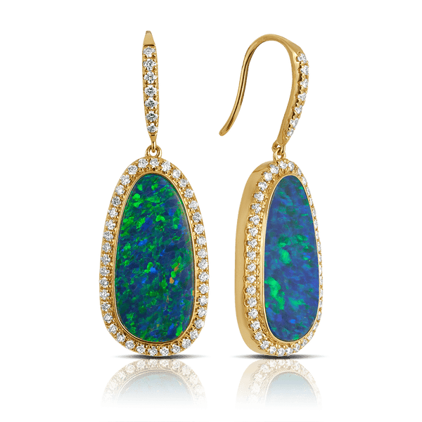 Australian Opal Earrings with Diamonds in 18ct Yellow Gold Hardy Brothers Jewellers