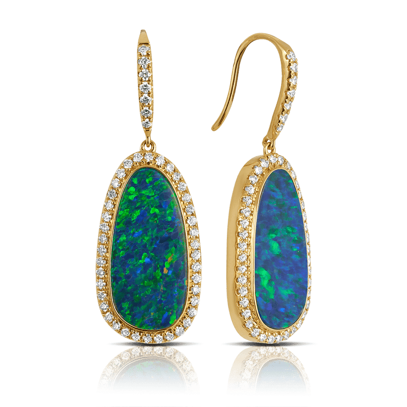 Australian Opal Earrings with Diamonds in 18ct Yellow Gold Hardy Brothers Jewellers