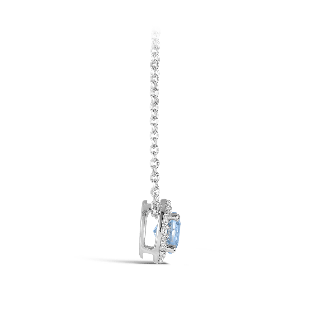 Halo Aquamarine and Diamond Pendant in 18ct White Gold Hardy Brothers 