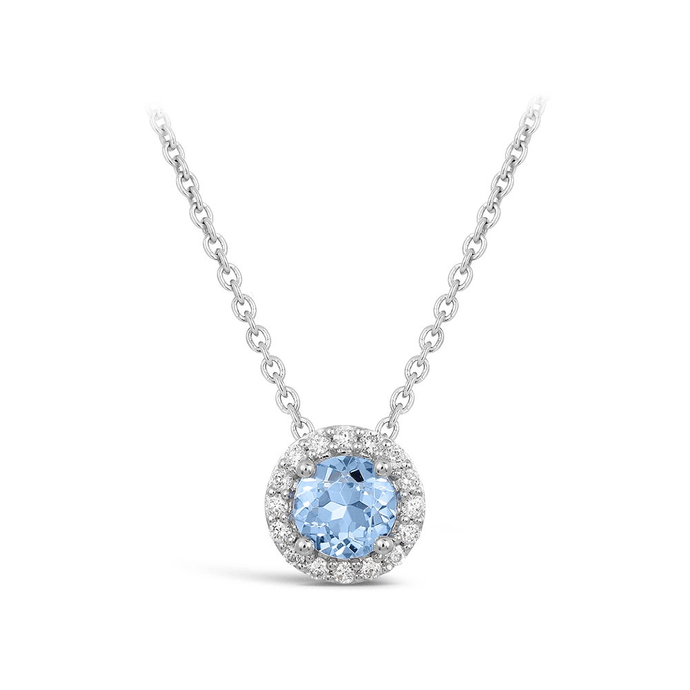 Halo Aquamarine and Diamond Pendant in 18ct White Gold Hardy Brothers 
