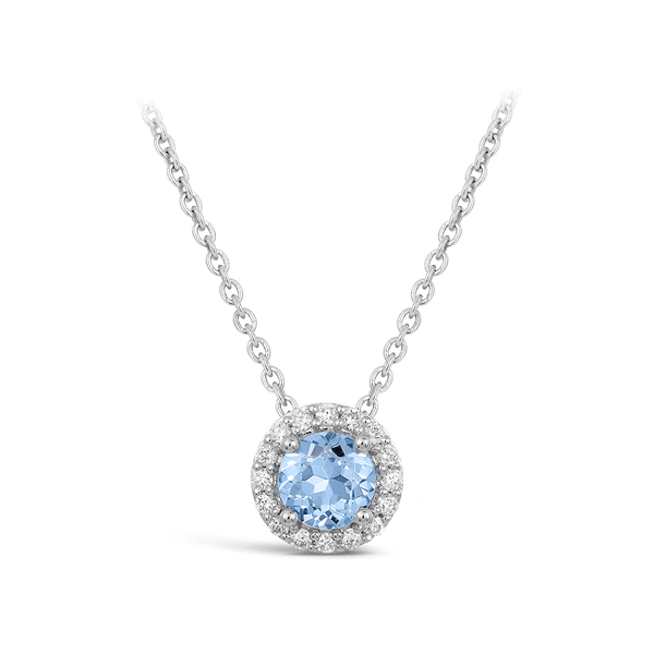 Halo Aquamarine and Diamond Pendant in 18ct White Gold Hardy Brothers 