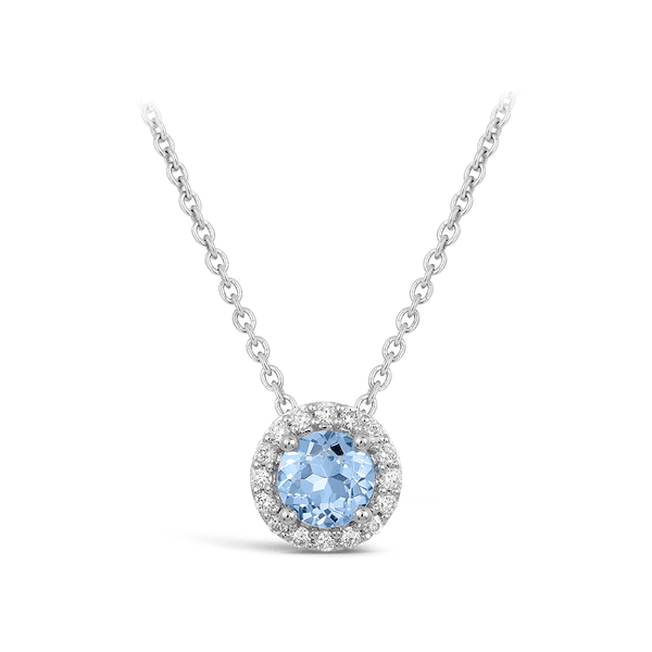 Halo Aquamarine and Diamond Pendant in 18ct White Gold Hardy Brothers 