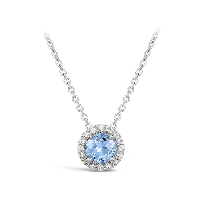 Halo Aquamarine and Diamond Pendant in 18ct White Gold Hardy Brothers 
