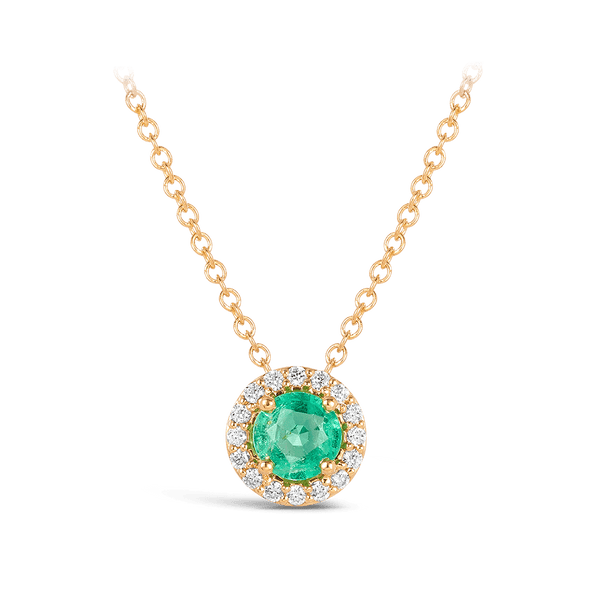 Halo Emerald and Diamond Pendant in 18ct Yellow Gold Hardy Brothers 