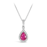 Pear Shaped Halo Ruby and Diamond Pendant in 18ct White Gold Hardy Brothers 