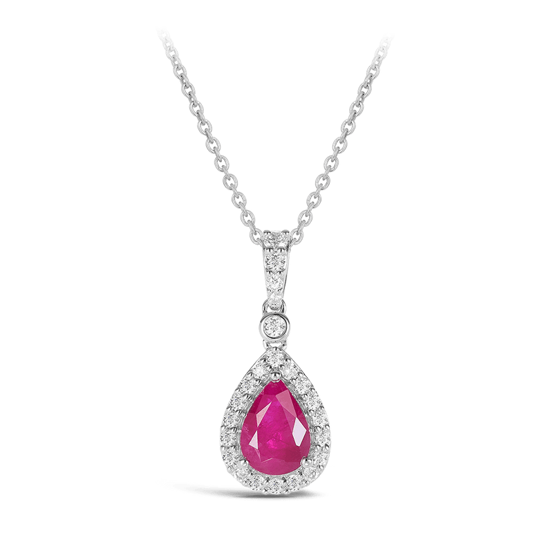 Pear Shaped Halo Ruby and Diamond Pendant in 18ct White Gold Hardy Brothers 