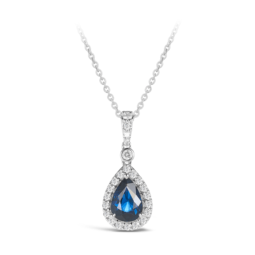 White Gold Pear Cut Sapphire and Diamond Pendant Hardy Brothers