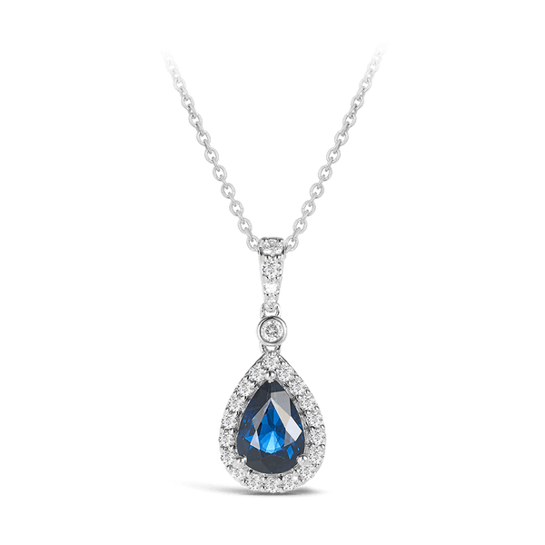 Pear Halo Sapphire and Diamond Pendant in 18ct White Gold Hardy Brothers 