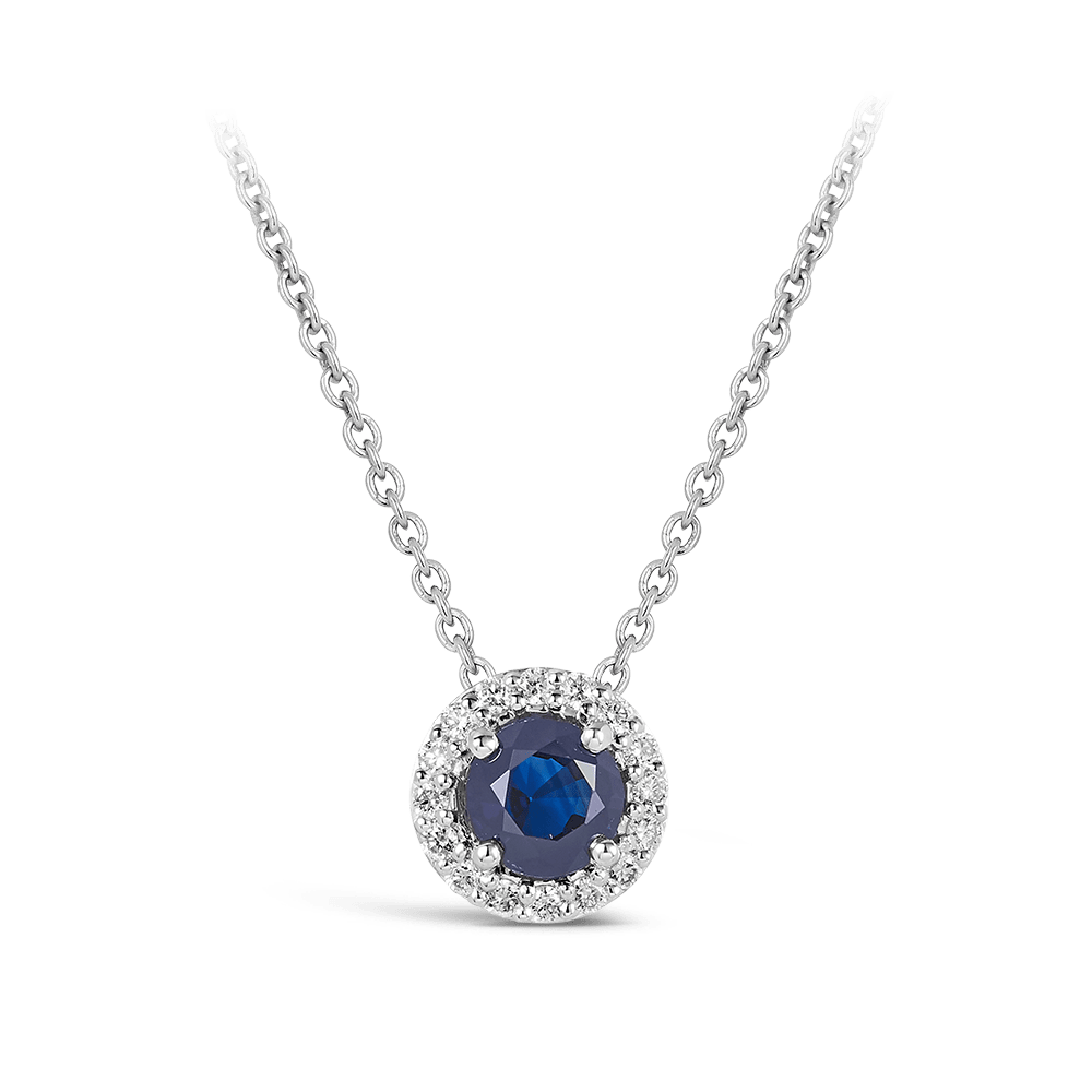 Halo Sapphire and Diamond Pendant in 18ct White Gold Hardy Brothers 
