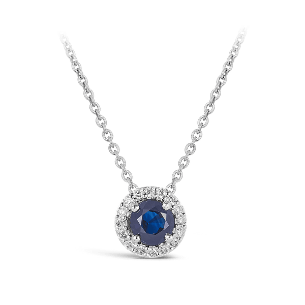 Halo Sapphire and Diamond Pendant in 18ct White Gold Hardy Brothers 