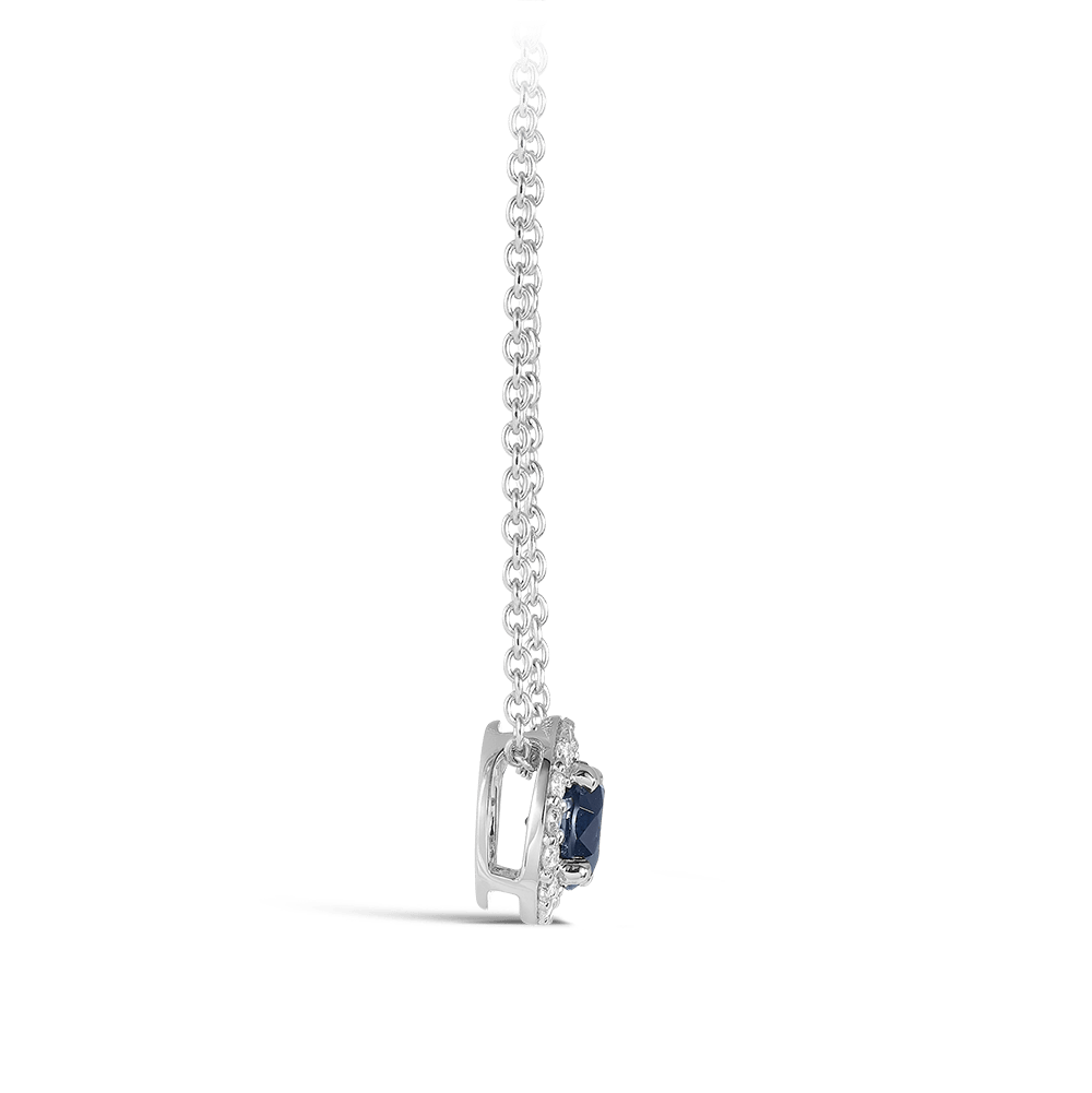 Halo Sapphire and Diamond Pendant in 18ct White Gold Hardy Brothers 