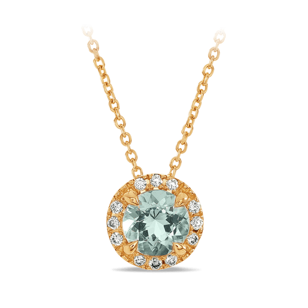 Halo Aquamarine and Diamond Pendant in 18ct Yellow Gold Hardy Brothers 
