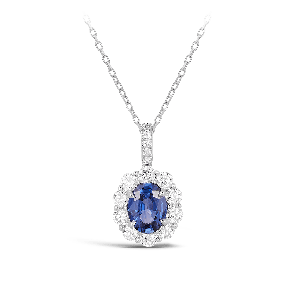 Sapphire and Diamond Pendant in 18ct White Gold Hardy Brothers Jewellers