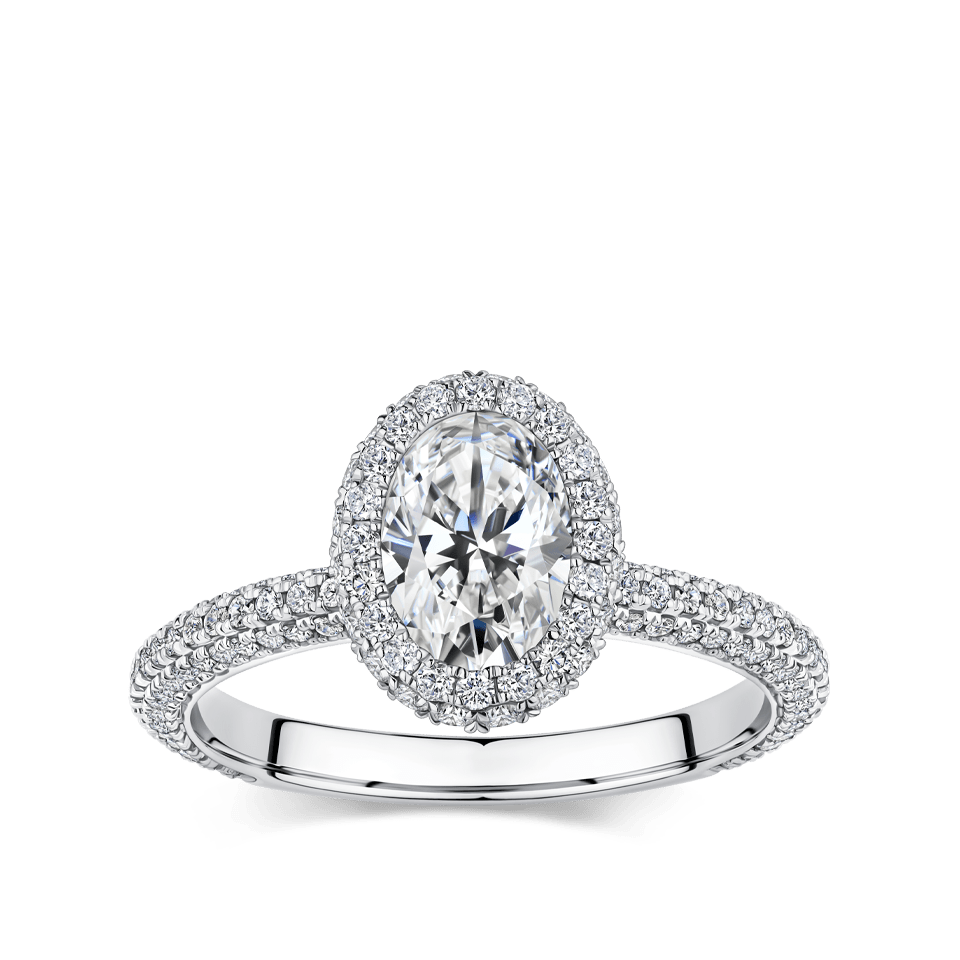 Raffiné 1.00 Carat Oval Halo Engagement Ring in 18ct White Gold Hardy Brothers 