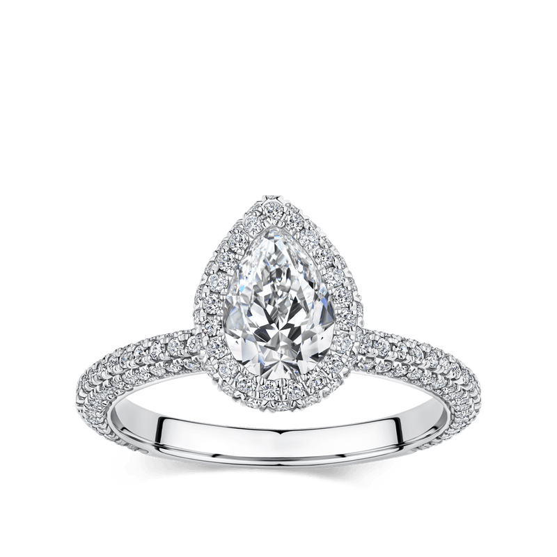 Raffiné 1.00 Carat Pear Halo Engagement Ring in 18ct White Gold Hardy Brothers 