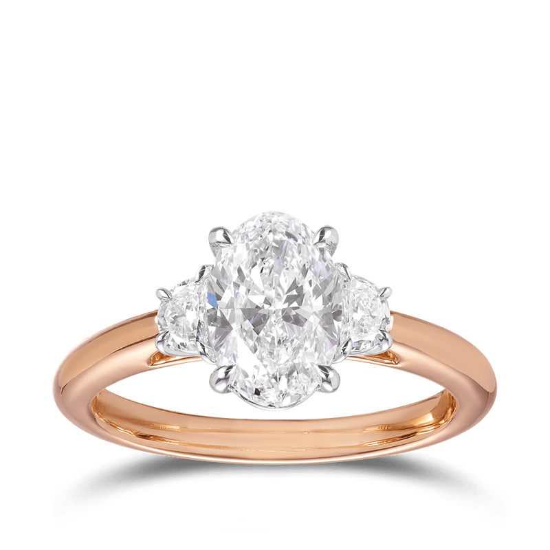 1.50 Carat Oval and Half-Moon Diamond Trilogy Engagement Ring in 18ct Rose Gold Hardy Brothers 