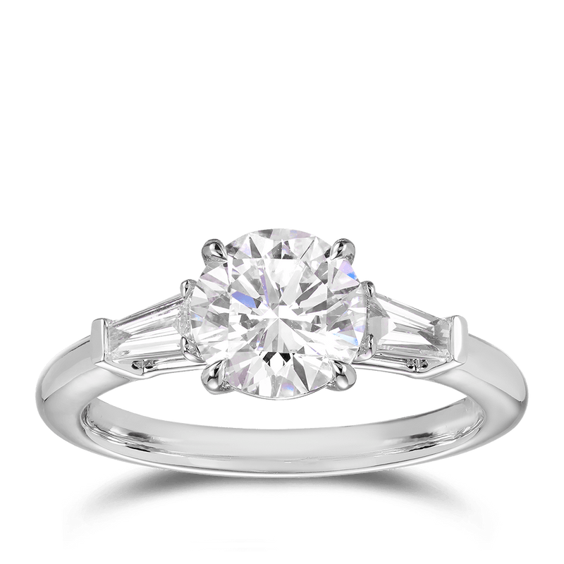 1.50 Carat Round Brilliant and Baguette Diamond Trilogy Engagement Ring in 18ct White Gold Hardy Brothers 