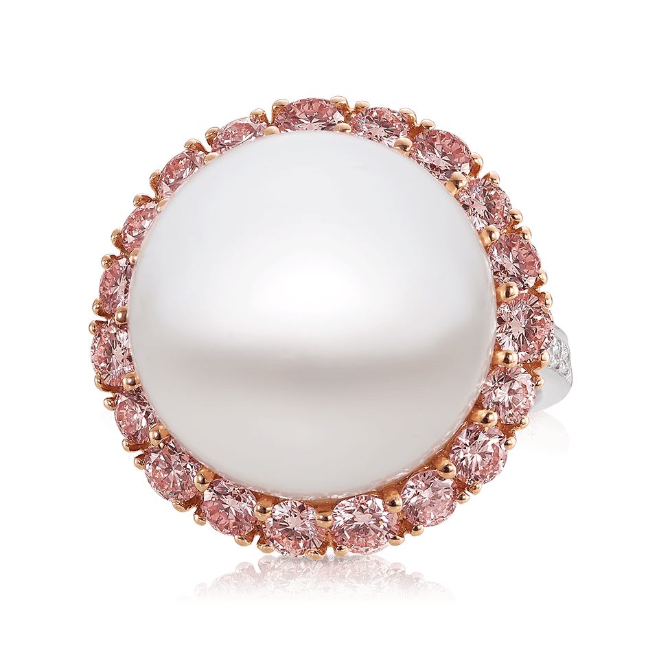 South Sea Pearl and Argyle Pink Diamond Vault Ring in 18ct White Gold Hardy Brothers 