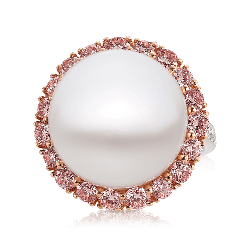 South Sea Pearl and Argyle Pink Diamond Vault Ring in 18ct White Gold Hardy Brothers 