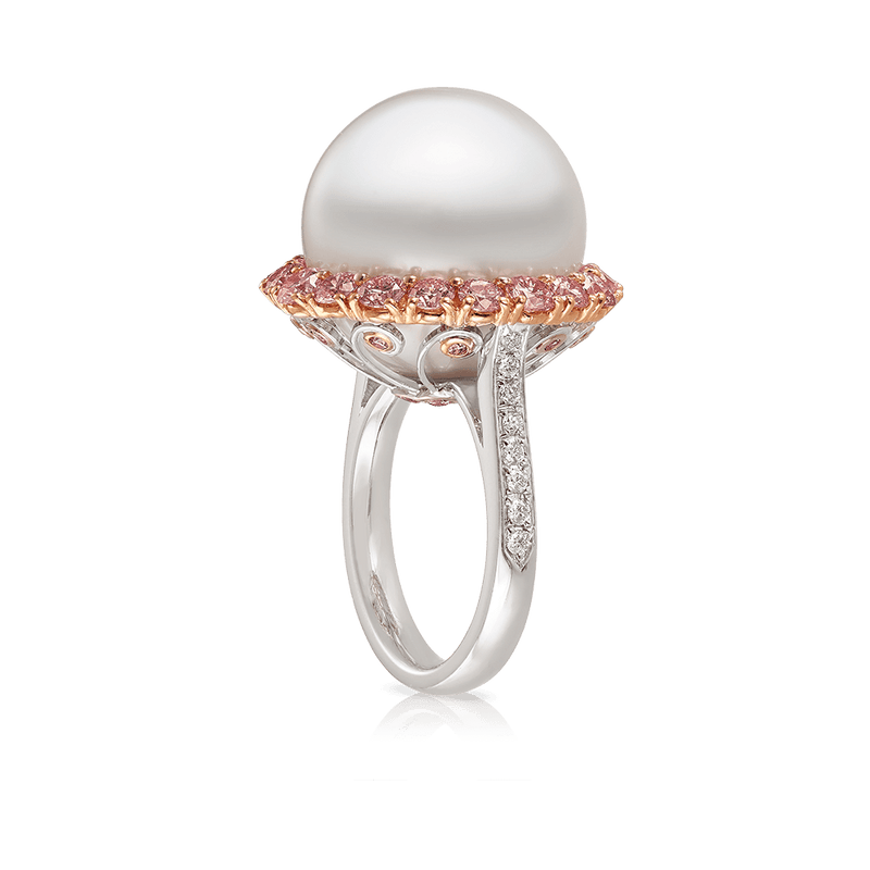 South Sea Pearl and Argyle Pink Diamond Vault Ring in 18ct White Gold Hardy Brothers 