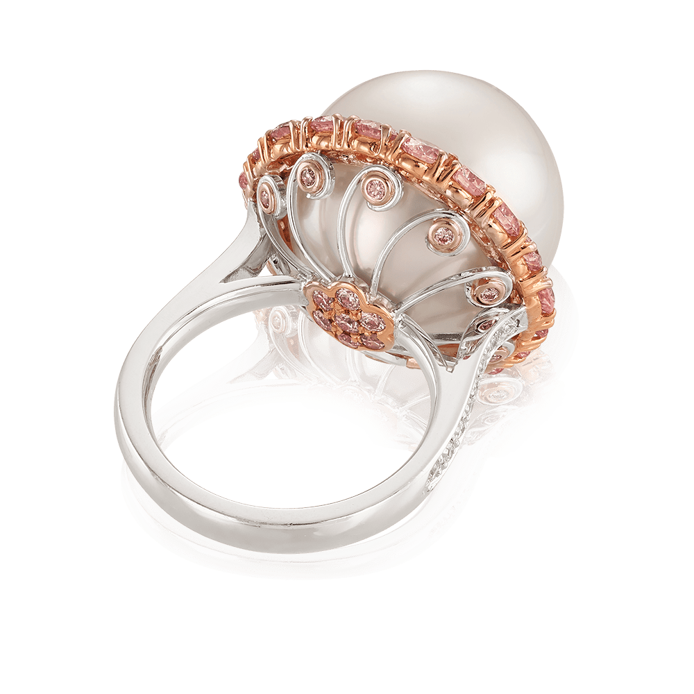 South Sea Pearl and Argyle Pink Diamond Vault Ring in 18ct White Gold Hardy Brothers 