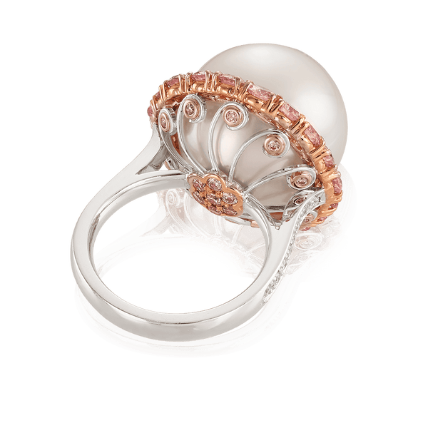 South Sea Pearl and Argyle Pink Diamond Vault Ring in 18ct White Gold Hardy Brothers 