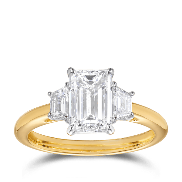 2.00 Carat Emerald Cut and Trapezoid Trilogy Engagement Ring in 18ct Yellow Gold Hardy Brothers 