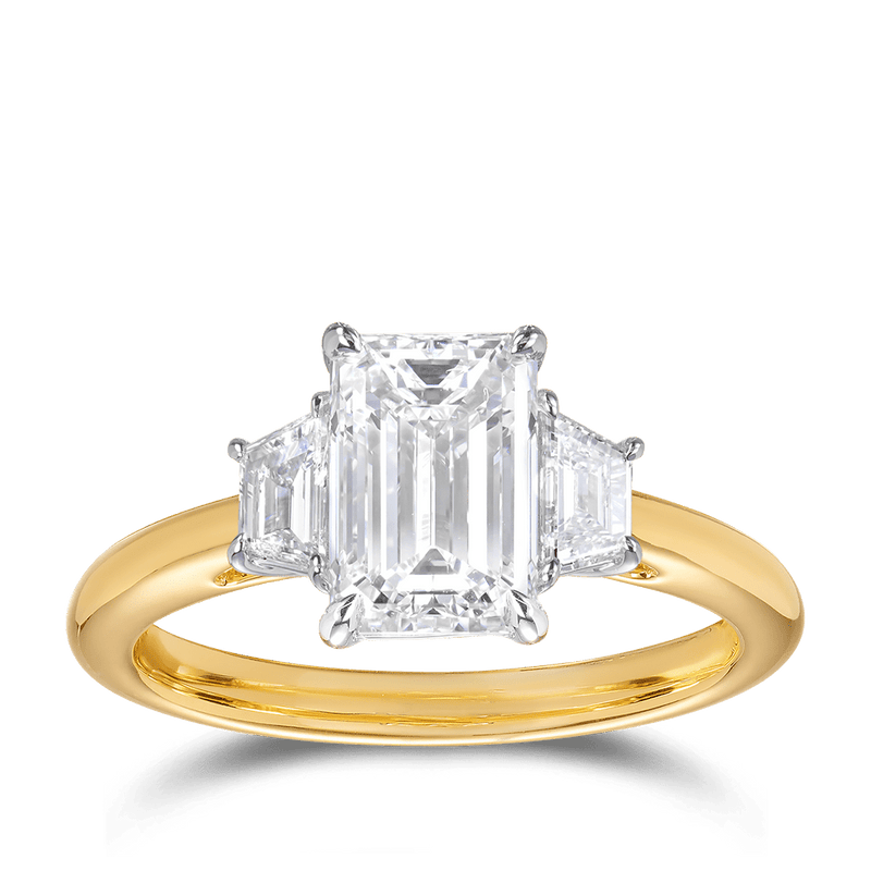 2.00 Carat Emerald Cut and Trapezoid Trilogy Engagement Ring in 18ct Yellow Gold Hardy Brothers 