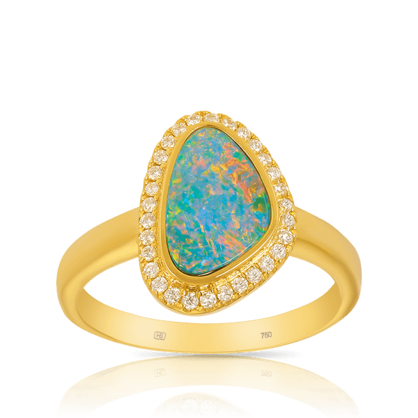 Australian Opal Ring with Diamonds in 18ct Yellow Gold Hardy Brothers Jewellers