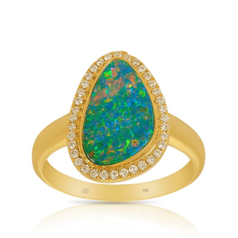 Australian Opal Ring with Diamonds in 18ct Yellow Gold Hardy Brothers Jewellers