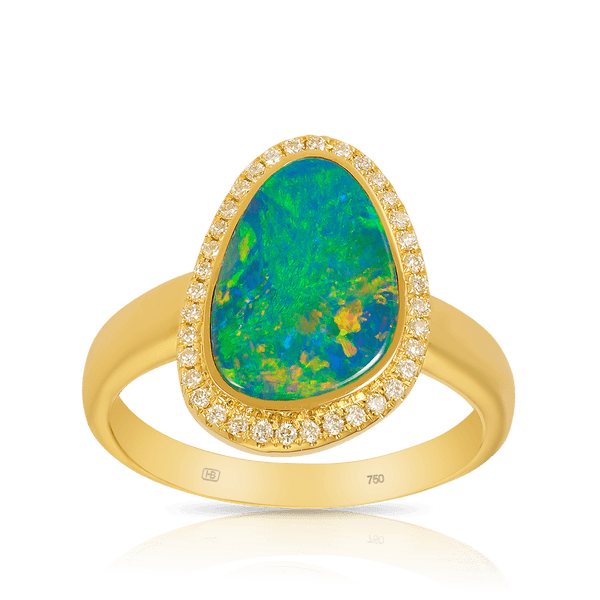 Australian Opal Ring with Diamonds in 18ct Yellow Gold Hardy Brothers Jewellers