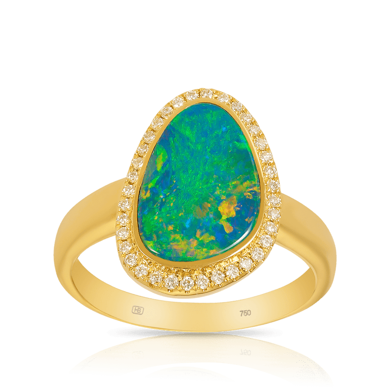 Australian Opal Ring with Diamonds in 18ct Yellow Gold Hardy Brothers Jewellers