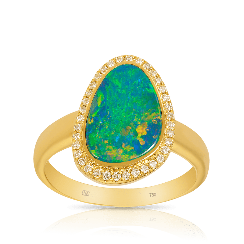Australian Opal Ring with Diamonds in 18ct Yellow Gold