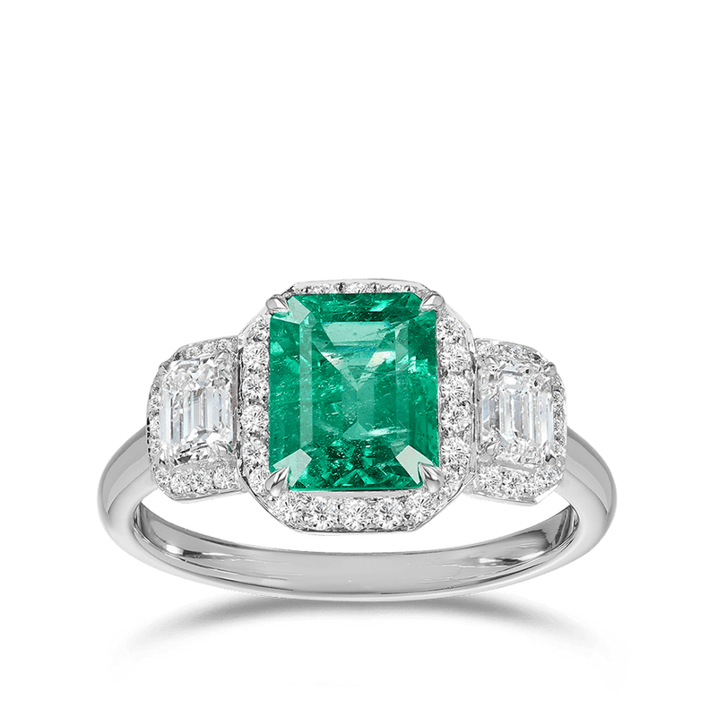 Halo Emerald and Diamond Ring in 18ct White Gold Hardy Brothers Jewellers