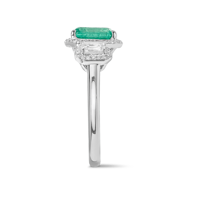 Halo Emerald and Diamond Ring in 18ct White Gold Hardy Brothers Jewellers