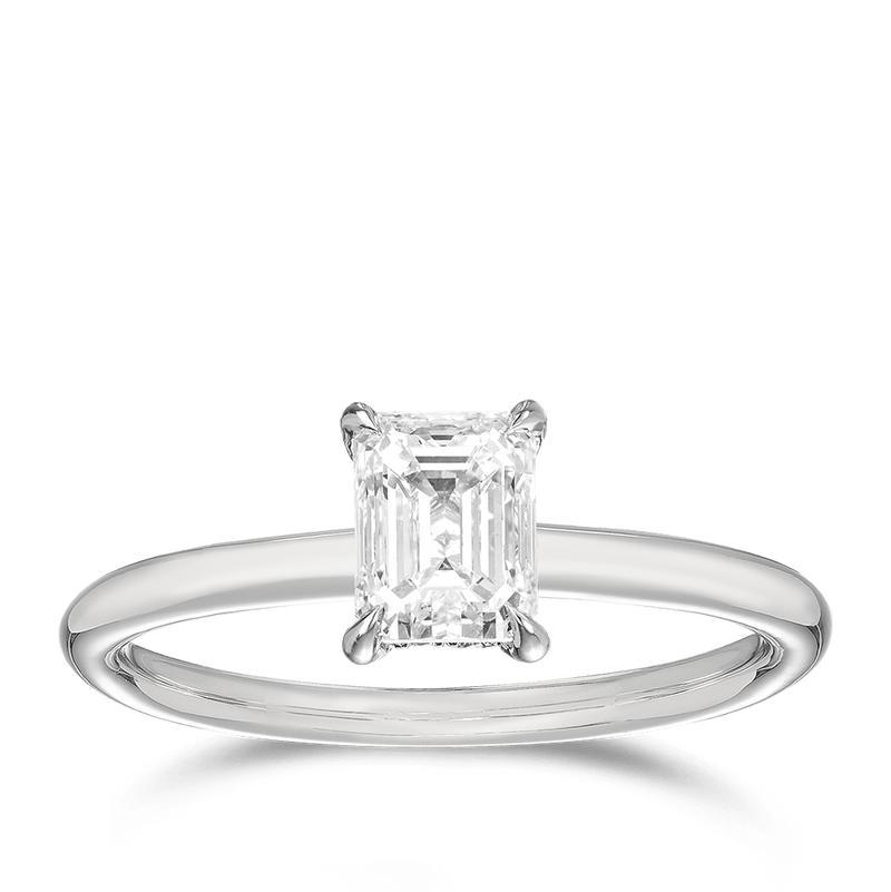 Raffiné 1.00 Carat Emerald Cut Diamond Solitaire Engagement Ring in 18ct White Gold Hardy Brothers 