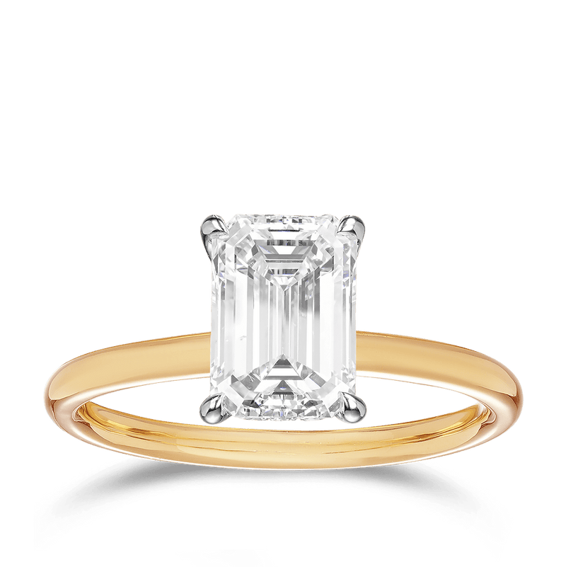 Raffiné 2.00 Carat Emerald Cut Solitaire Engagement Ring in 18ct Yellow Gold Hardy Brothers 