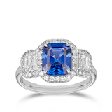 Halo Trilogy Sapphire and Diamond Ring in 18ct White Gold Hardy Brothers 