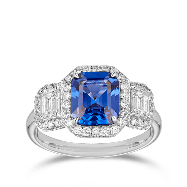 Halo Trilogy Sapphire and Diamond Ring in 18ct White Gold Hardy Brothers 