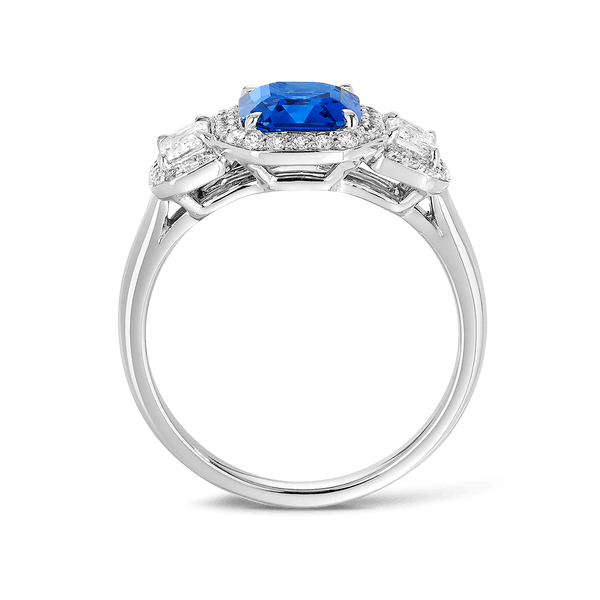 Halo Trilogy Sapphire and Diamond Ring in 18ct White Gold Hardy Brothers 