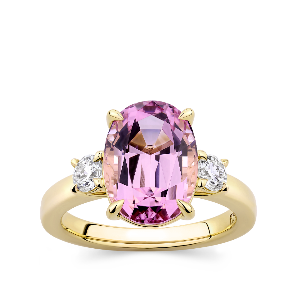 Oval Cut Pink Tourmaline and Diamond Ring made in 18ct Yellow Gold Hardy Brothers Jewellers