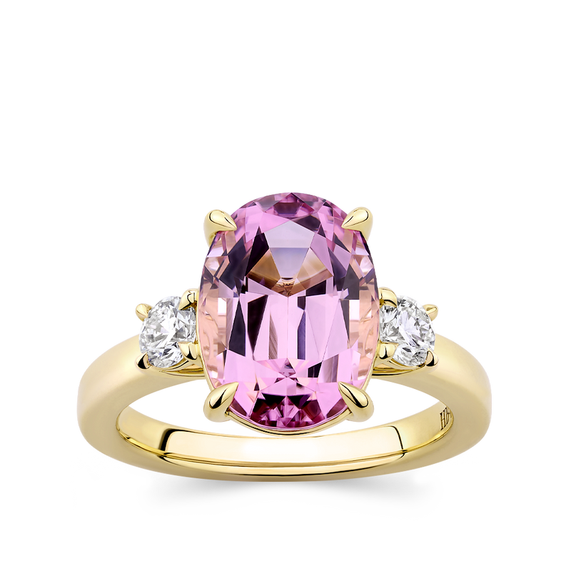 Oval Cut Pink Tourmaline and Diamond Ring made in 18ct Yellow Gold Hardy Brothers Jewellers