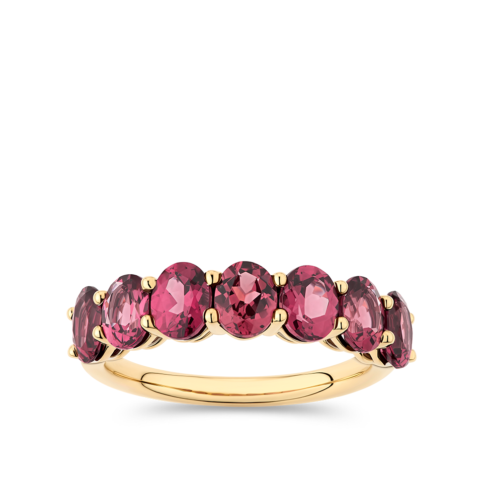 Oval Cut Rhodalite Garnet Half Eternity Band made in 18ct Yellow Gold Hardy Brothers Jewellers