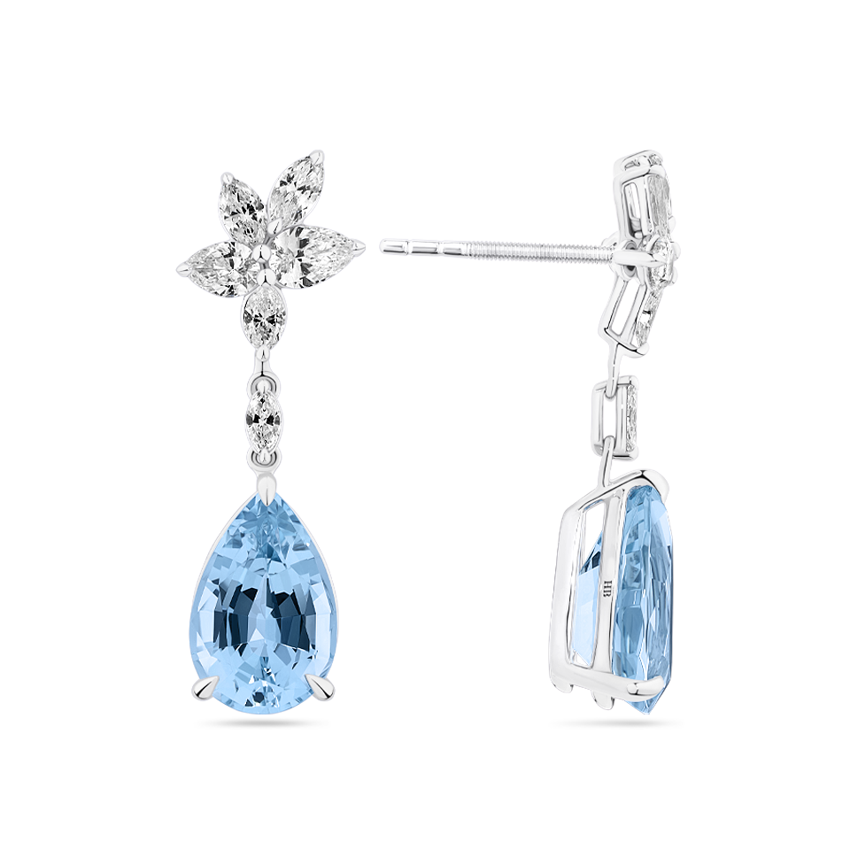 Pear Cut Aquamarine and Diamond Drop Earrings made in 18ct White Gold Hardy Brothers Jewellers