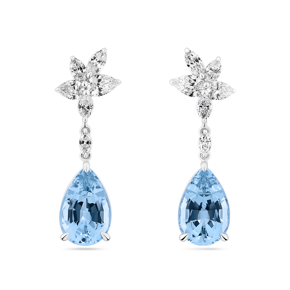 Pear Cut Aquamarine and Diamond Drop Earrings made in 18ct White Gold Hardy Brothers Jewellers