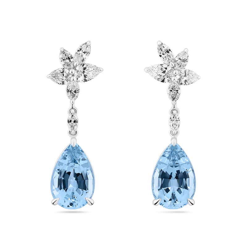 Pear Cut Aquamarine and Diamond Drop Earrings made in 18ct White Gold Hardy Brothers Jewellers