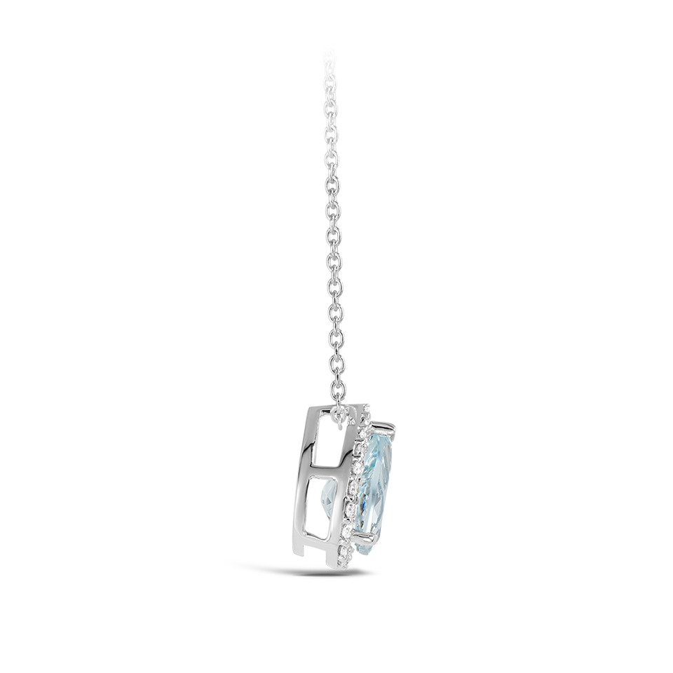 Pear Shaped Halo Aquamarine and Diamond Pendant in 18ct White Gold Hardy Brothers Jewellers
